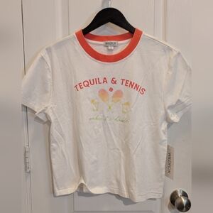 Wildfox “Tequila & Tennis” Janie Graphic Tee, NWT, White &‎ Orange. Size Small